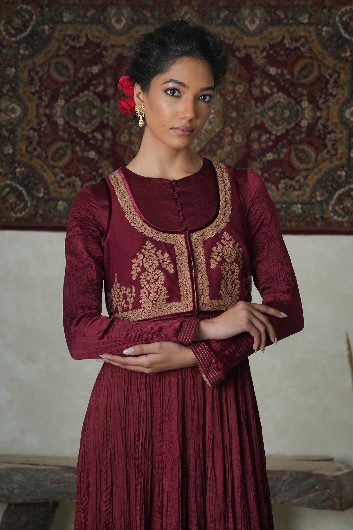 Maroon Satin Crushed Anarkali with Embroidered Matka Silk Jacket