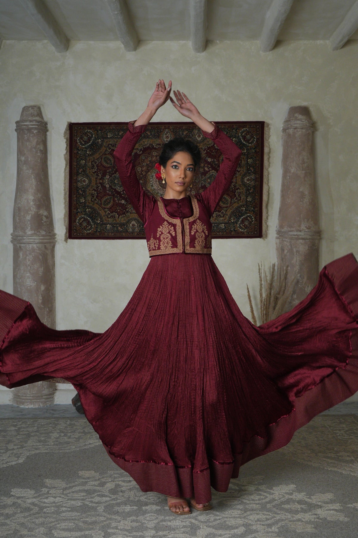 Maroon Satin Crushed Anarkali with Embroidered Matka Silk Jacket