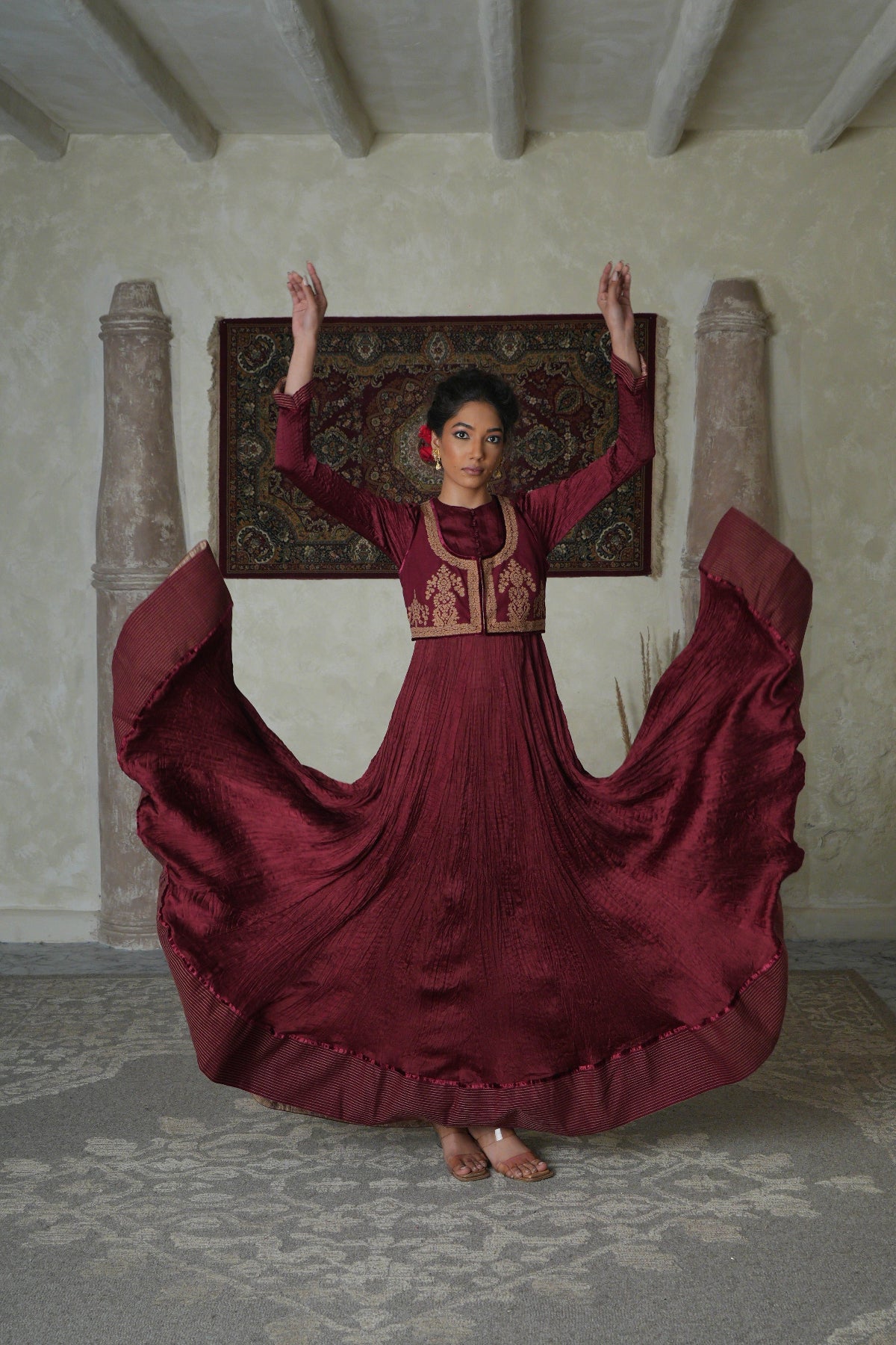 Maroon Satin Crushed Anarkali with Embroidered Matka Silk Jacket