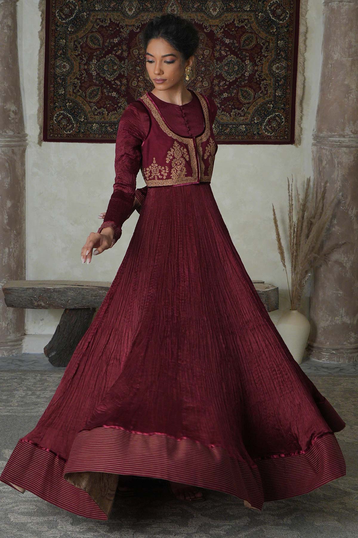 Maroon Satin Crushed Anarkali with Embroidered Matka Silk Jacket