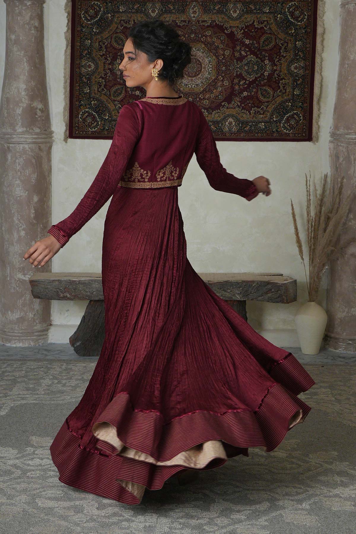 Maroon Satin Crushed Anarkali with Embroidered Matka Silk Jacket