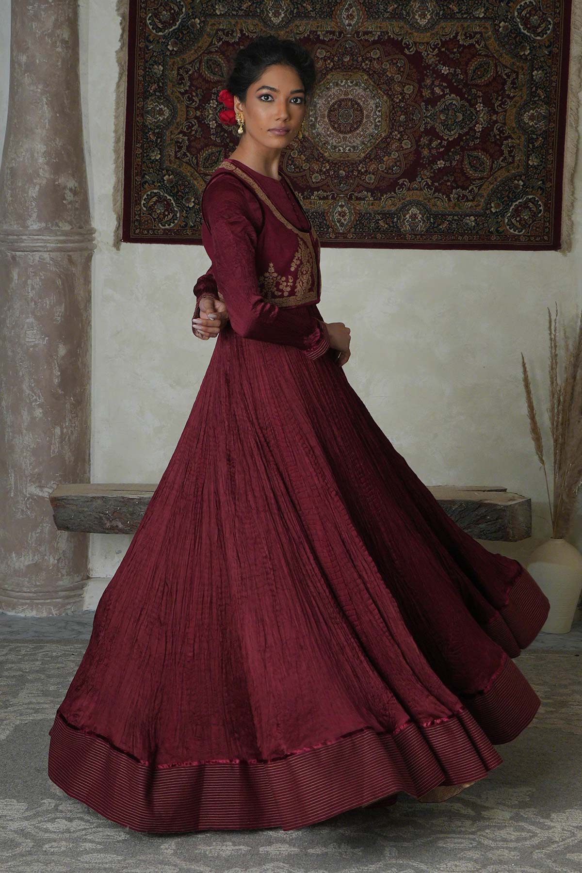 Maroon Satin Crushed Anarkali with Embroidered Matka Silk Jacket