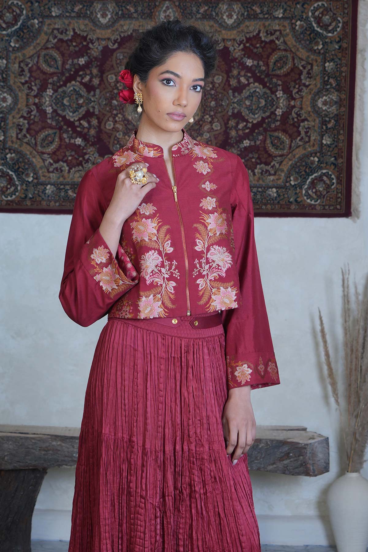 Maroon Handloom Mooga Silk Jacket with Satin Tiered Crushed Skirt