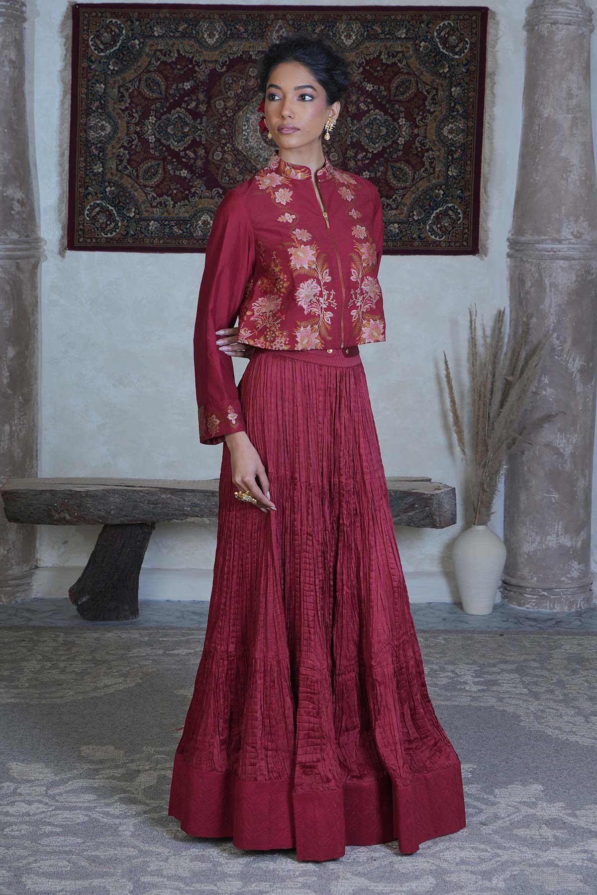 Maroon Handloom Mooga Silk Jacket with Satin Tiered Crushed Skirt