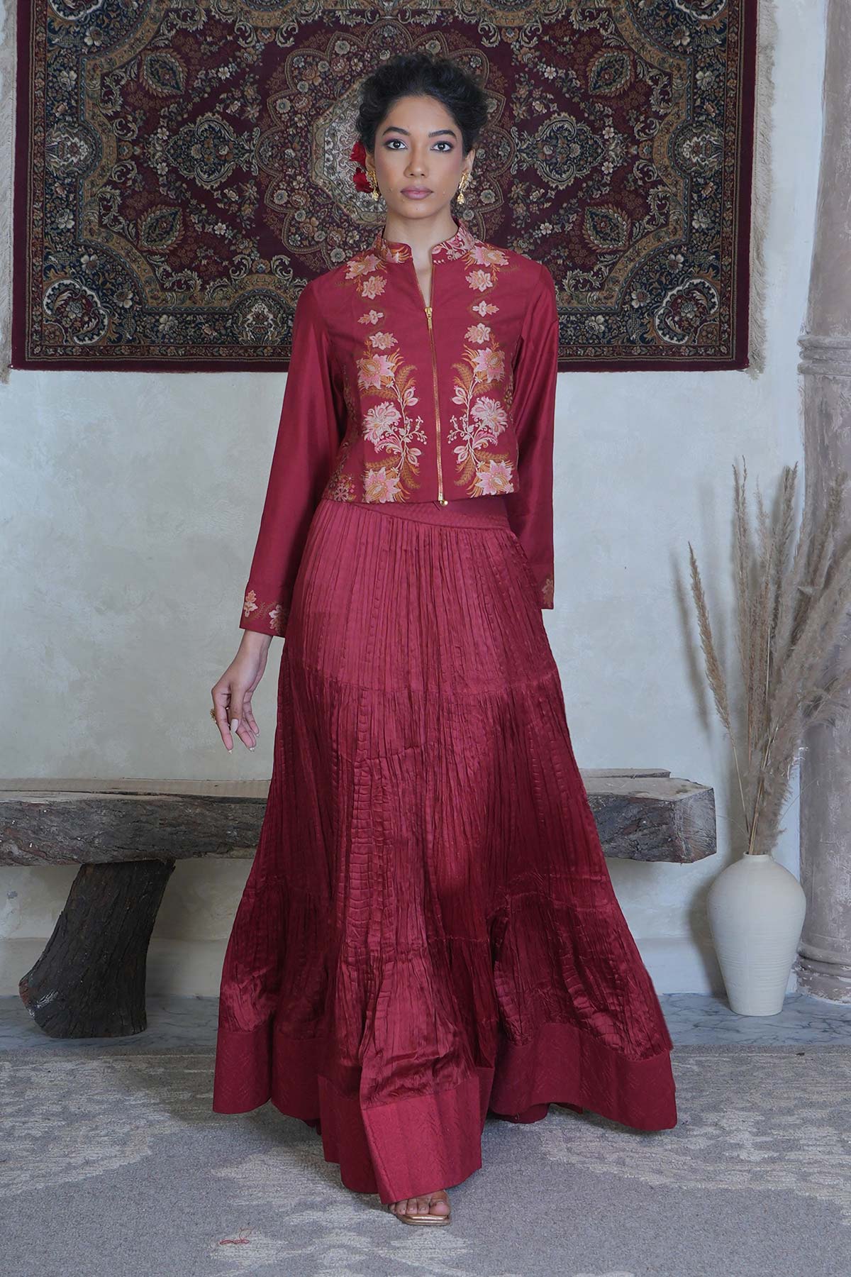 Maroon Handloom Mooga Silk Jacket with Satin Tiered Crushed Skirt