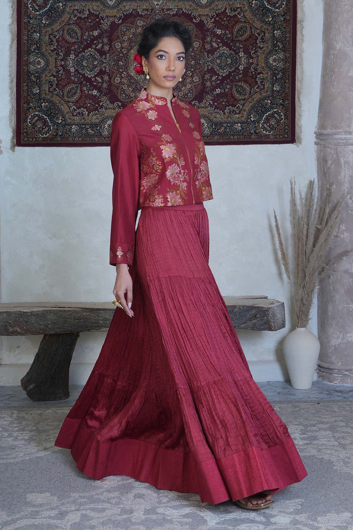 Maroon Handloom Mooga Silk Jacket with Satin Tiered Crushed Skirt