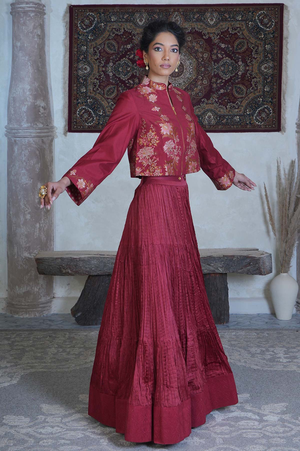 Maroon Handloom Mooga Silk Jacket with Satin Tiered Crushed Skirt