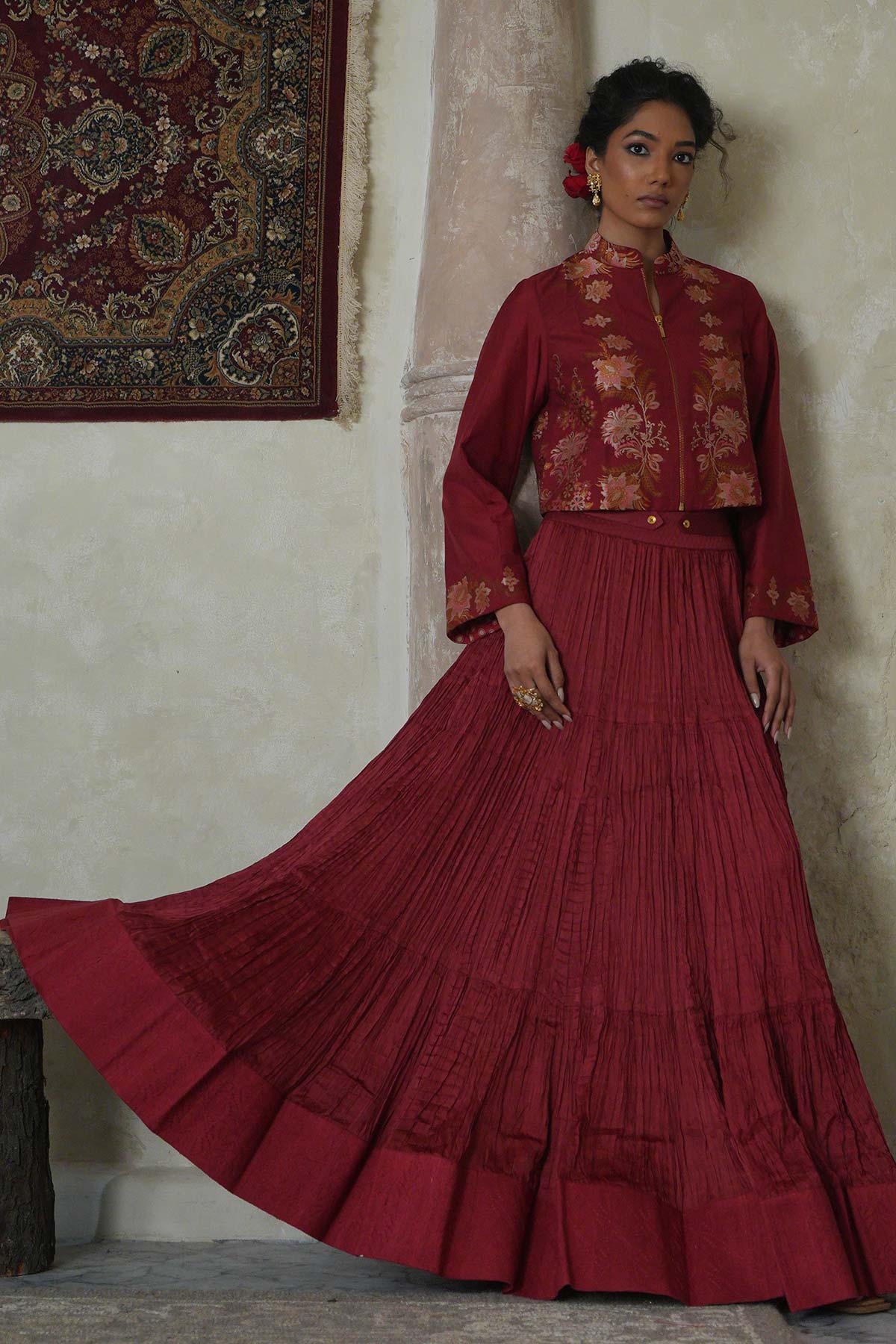 Maroon Handloom Mooga Silk Jacket with Satin Tiered Crushed Skirt