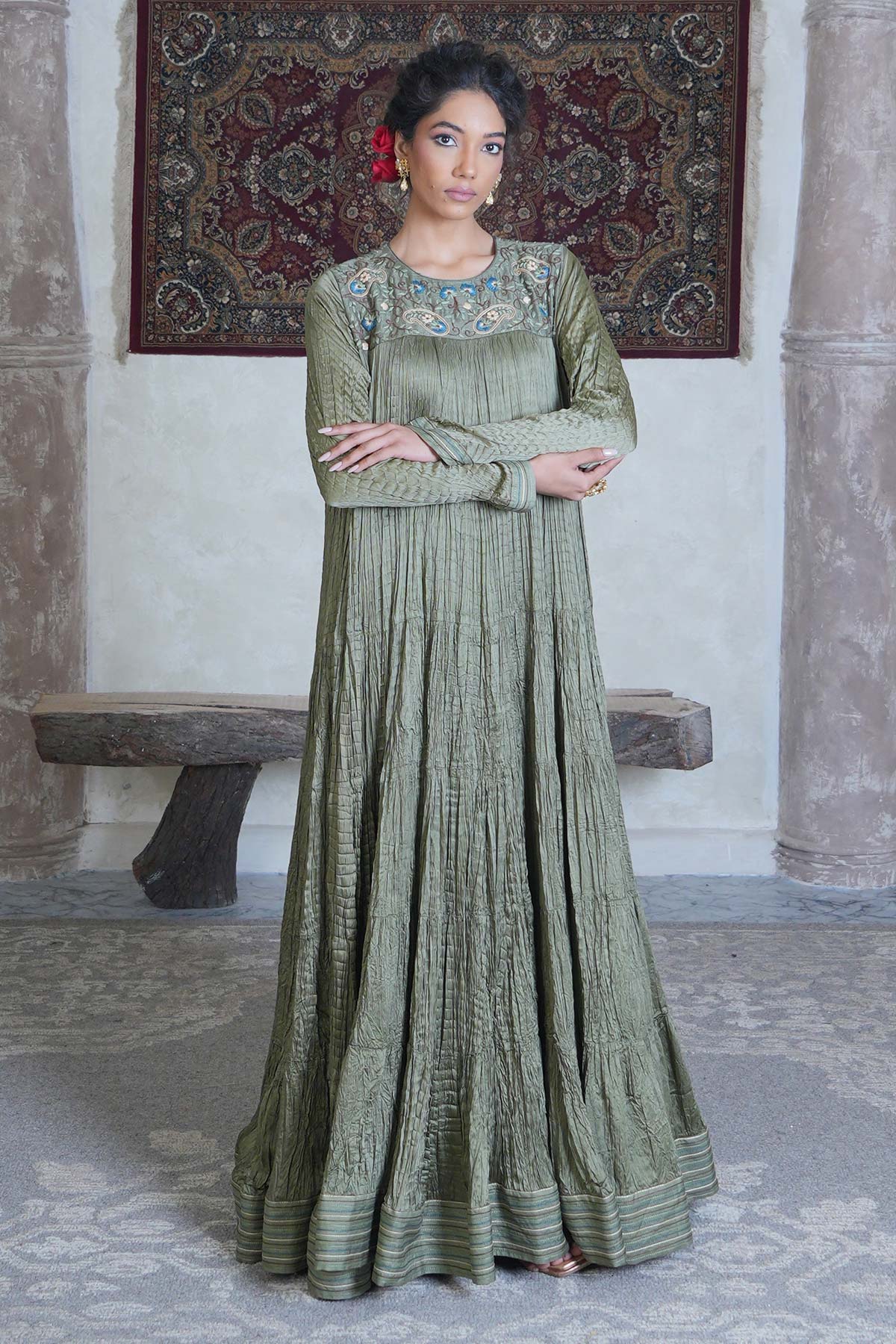 Olive Green Satin Crushed Maxi with Paisley Embroidered Yoke