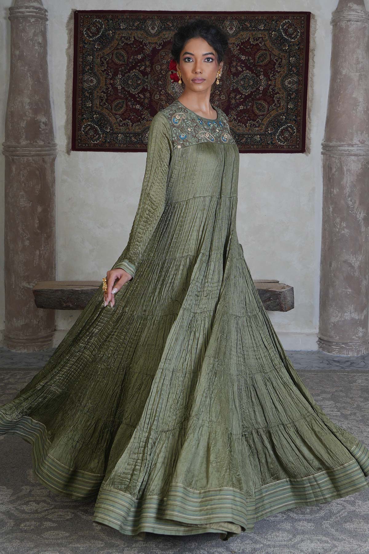 Olive Green Satin Crushed Maxi with Paisley Embroidered Yoke