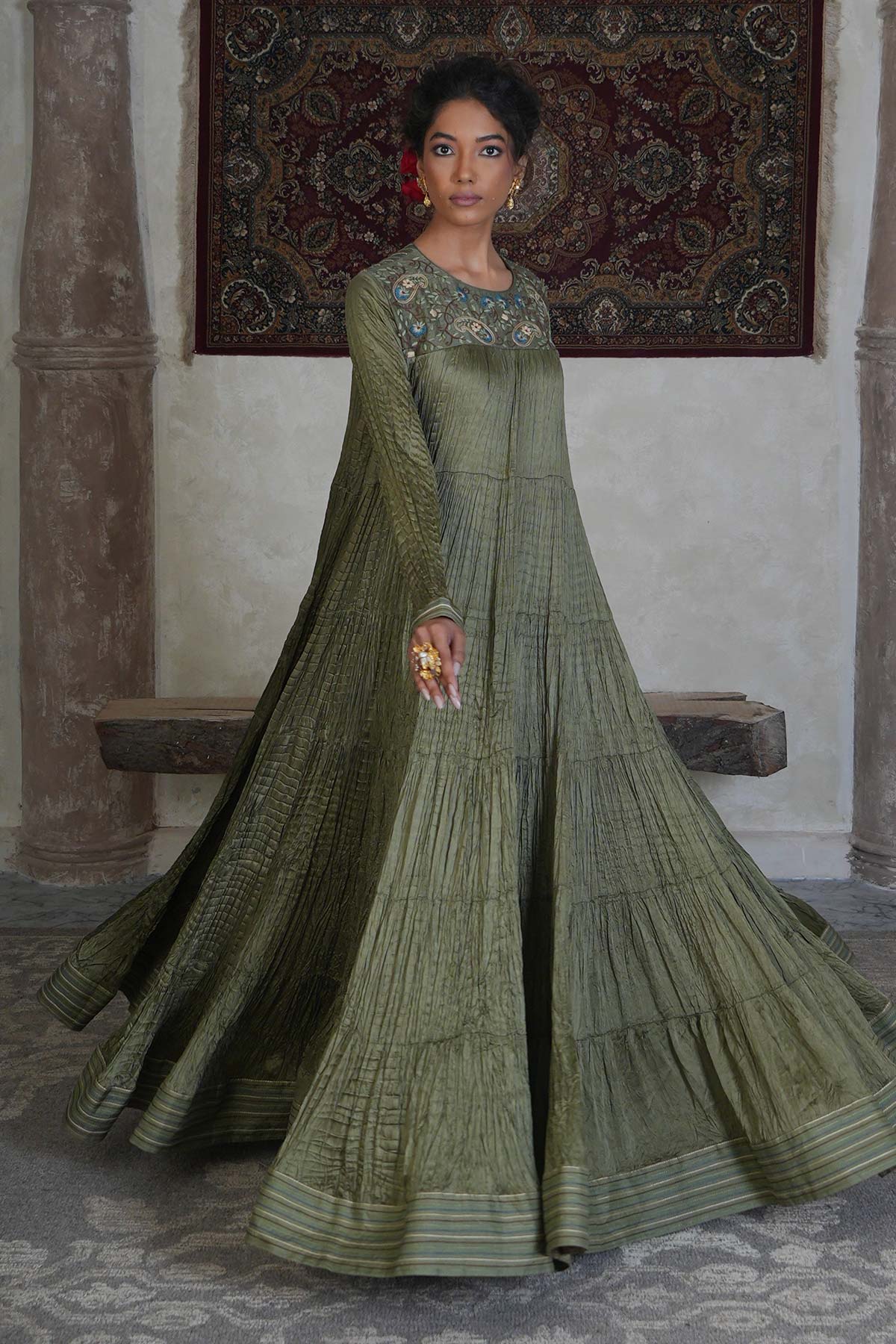 Olive Green Satin Crushed Maxi with Paisley Embroidered Yoke