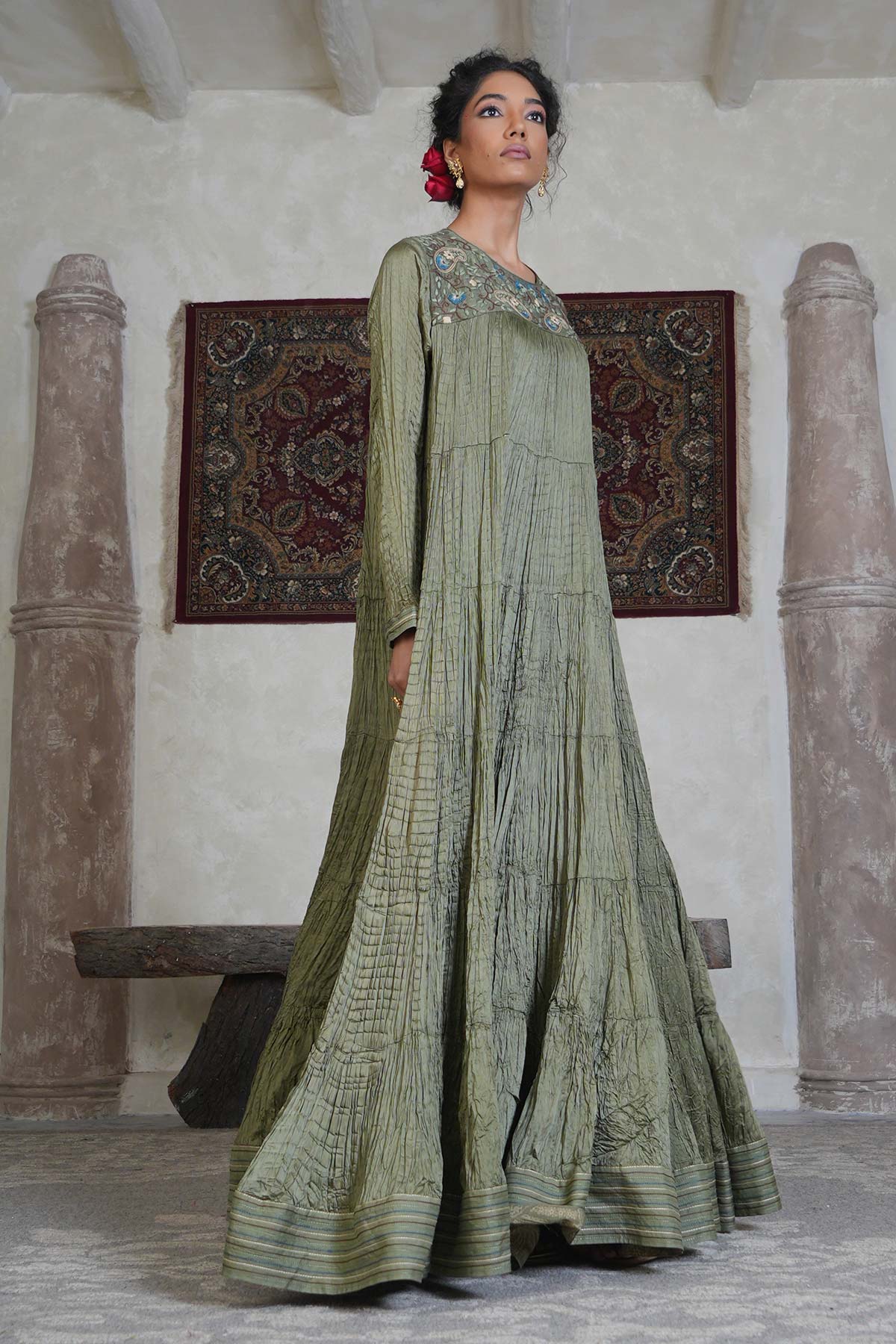 Olive Green Satin Crushed Maxi with Paisley Embroidered Yoke