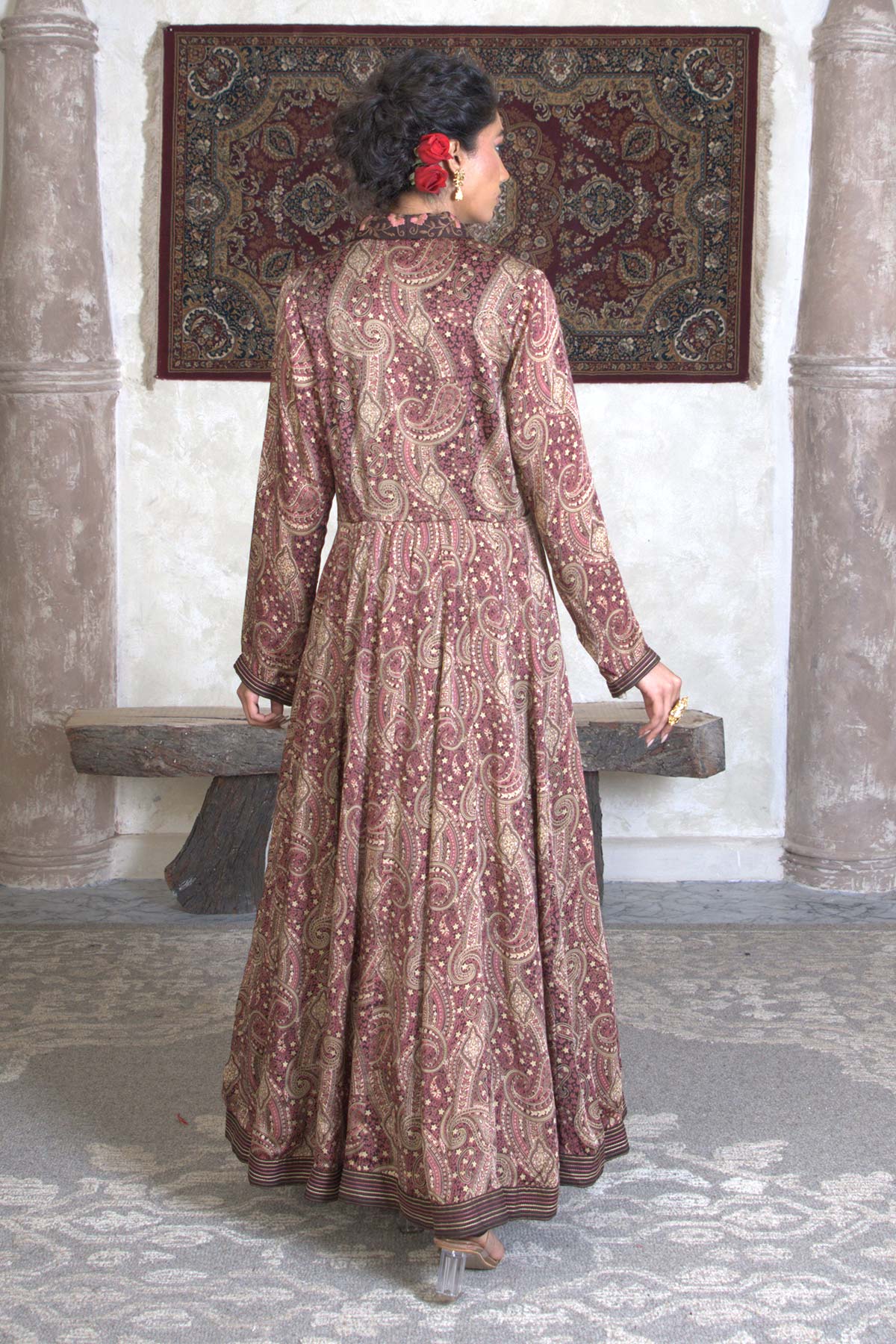 Brown Paisley Satin Kalidar with Embroidered Bodice & Churidar