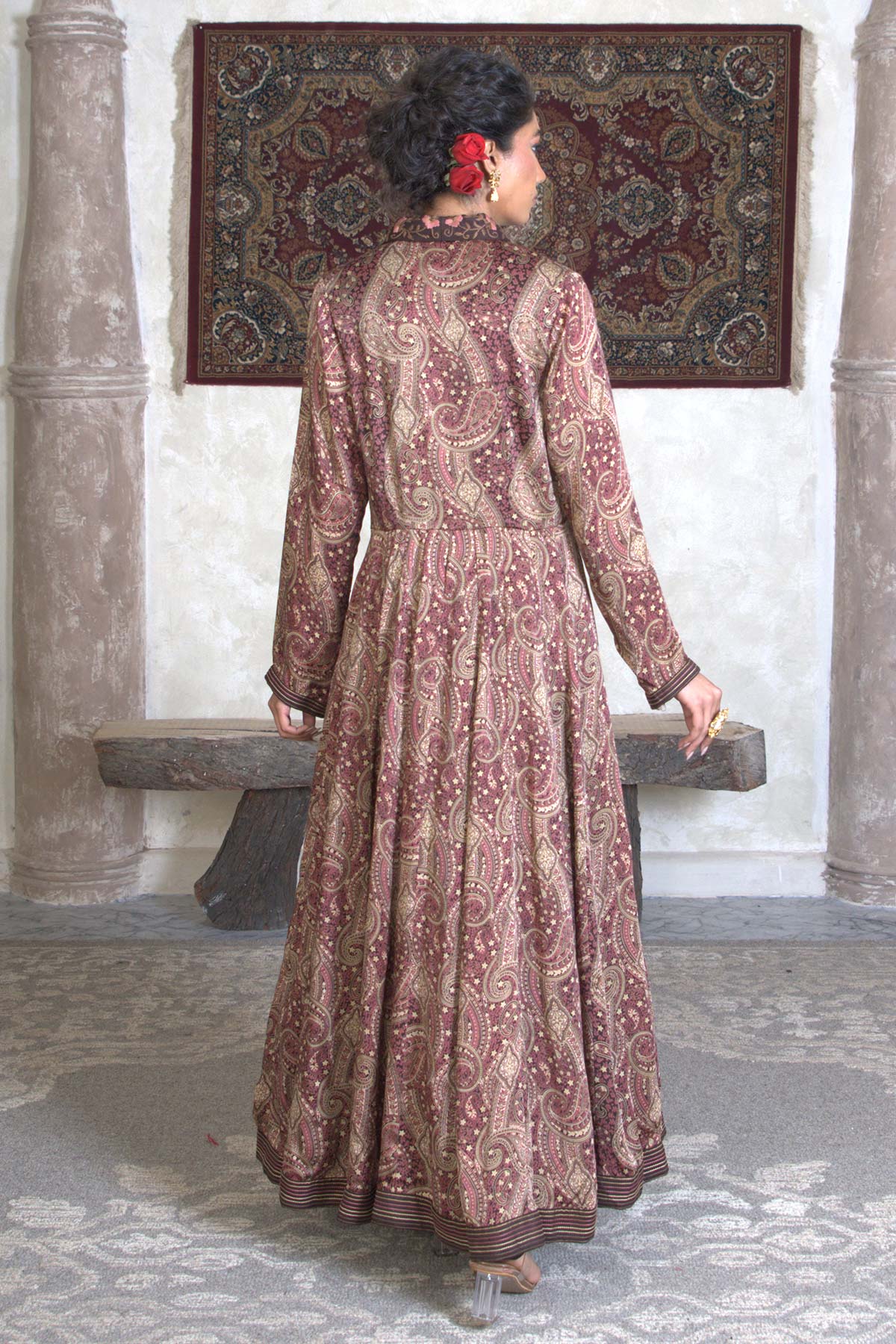 Brown Paisley Satin Kalidar with Embroidered Bodice & Churidar