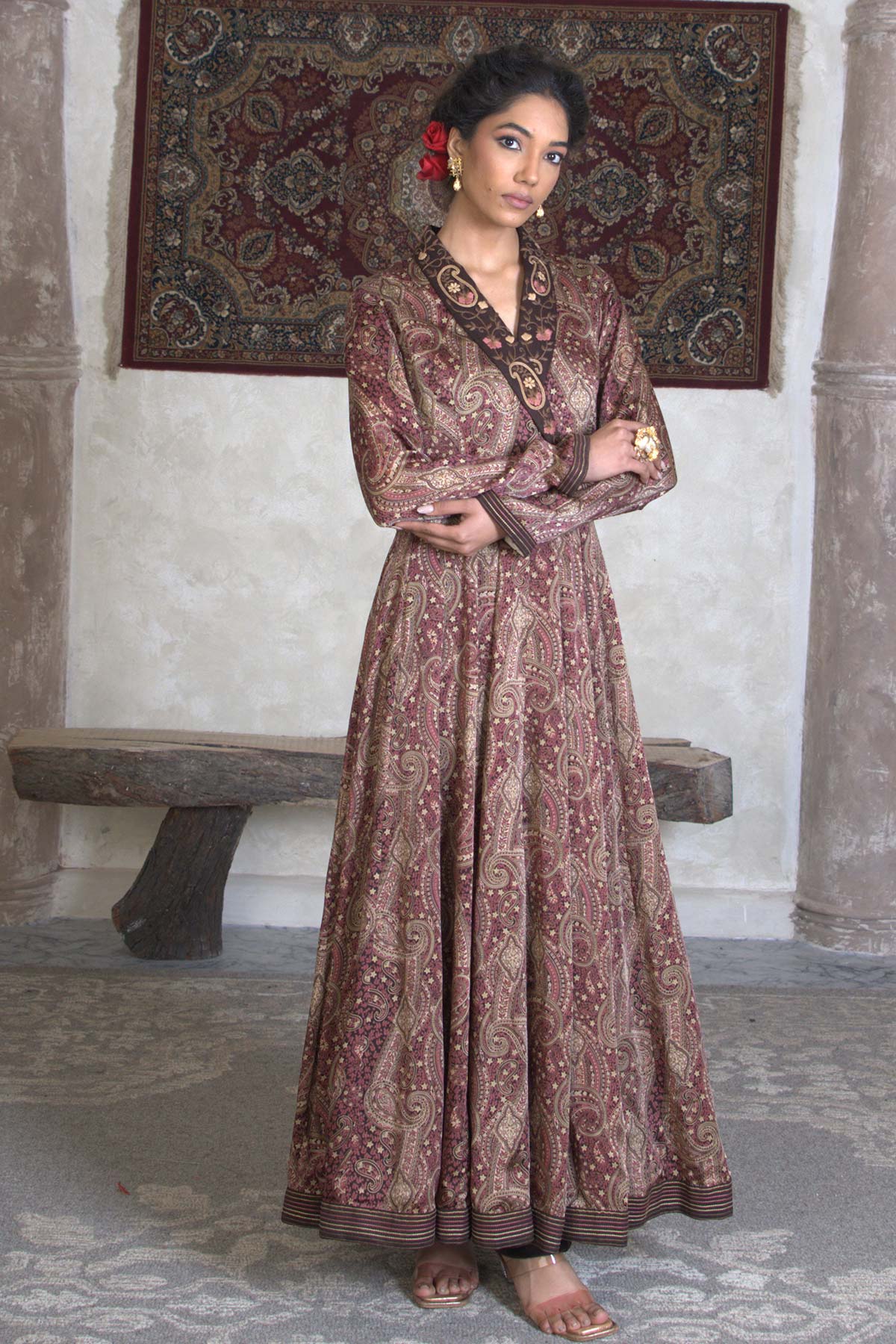 Brown Paisley Satin Kalidar with Embroidered Bodice & Churidar