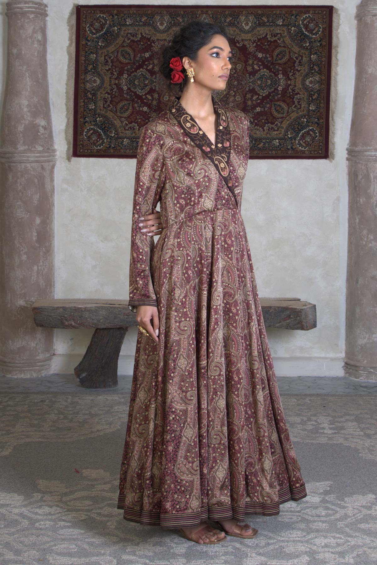 Brown Paisley Satin Kalidar with Embroidered Bodice & Churidar