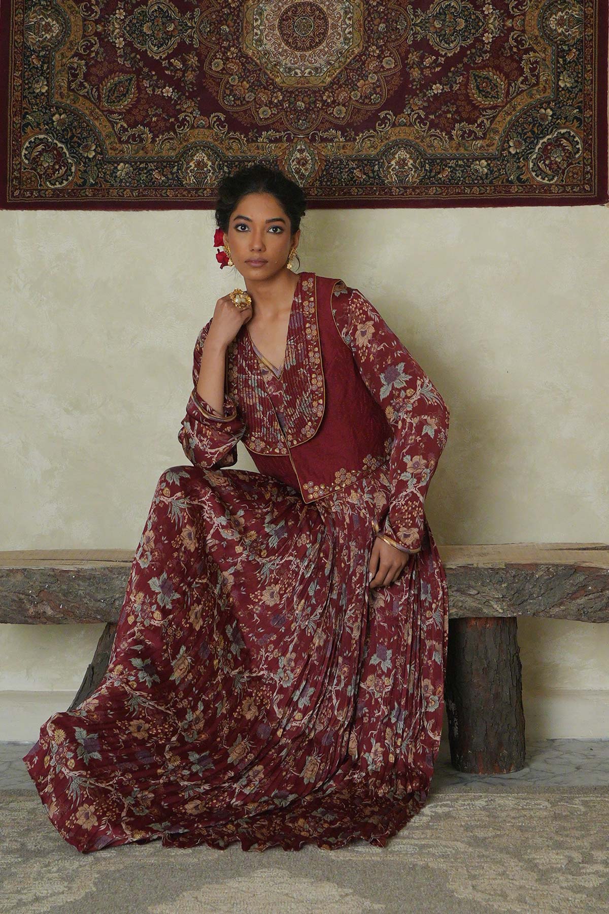 Maroon Chintz Satin Pleated Maxi with Embroidered Jacket