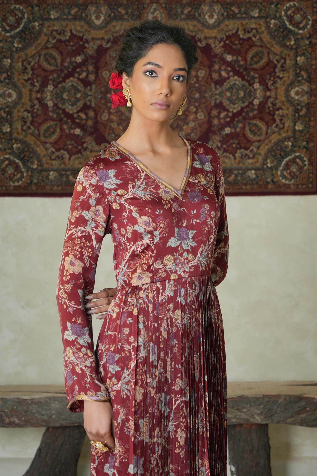 Maroon Chintz Satin Pleated Maxi with Embroidered Jacket