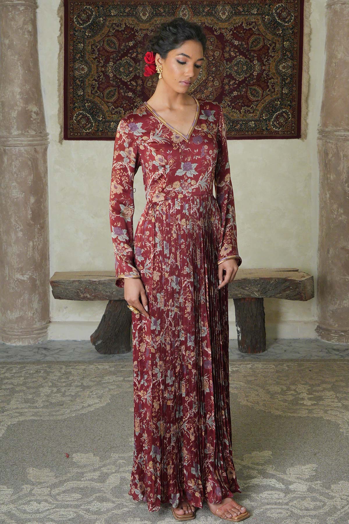 Maroon Chintz Satin Pleated Maxi with Embroidered Jacket