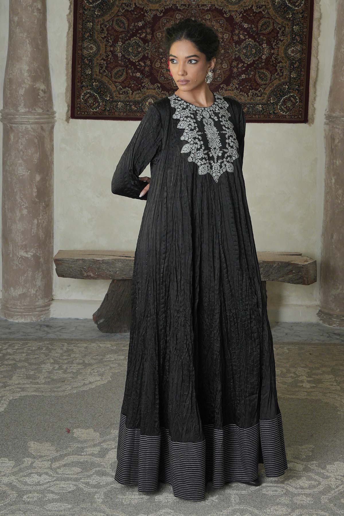 Black Satin Crushed Maxi with Embroidered Yoke & Hemline