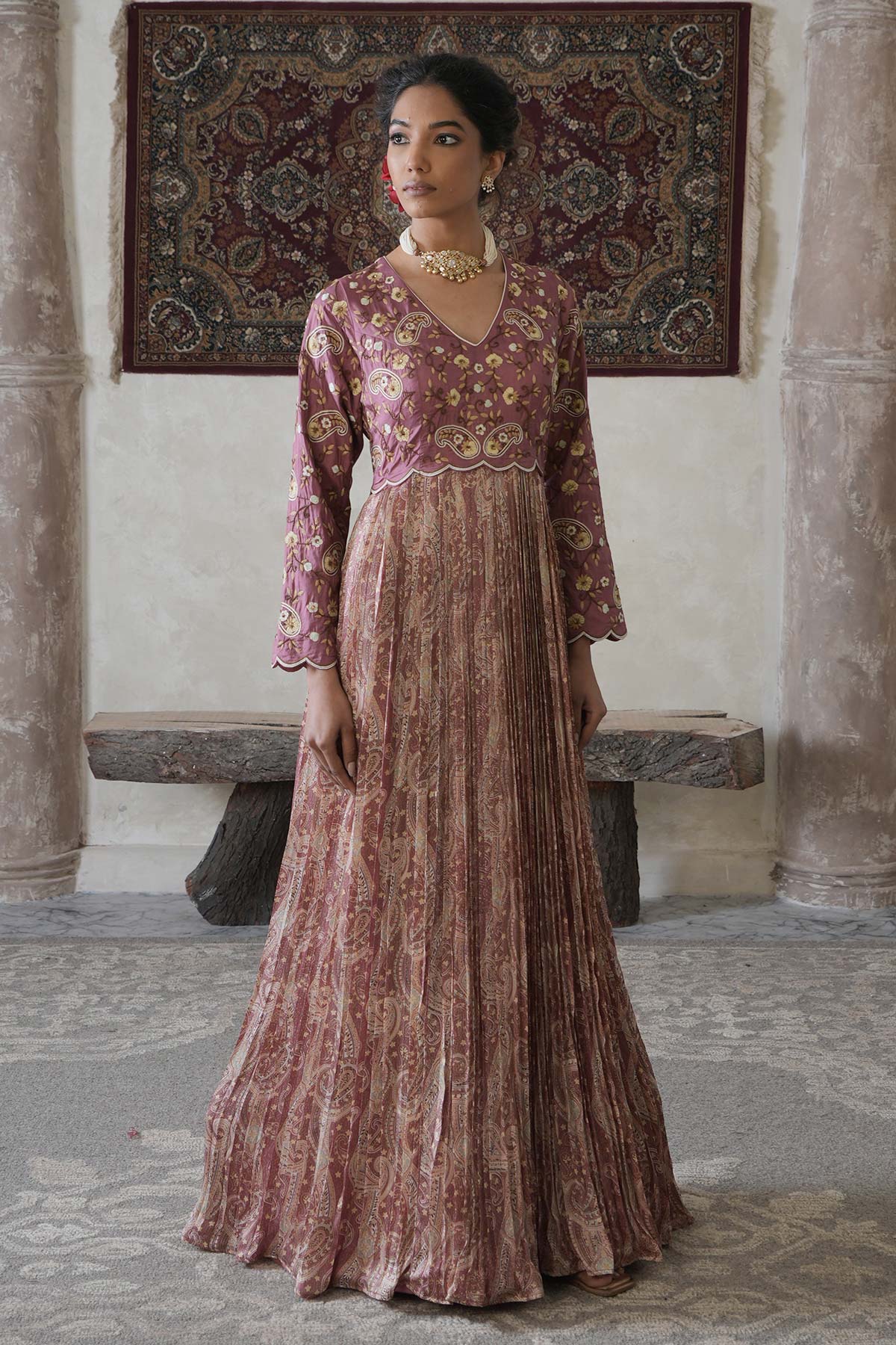 Salmon Pink Paisley Maxi with Embroidered Bodice