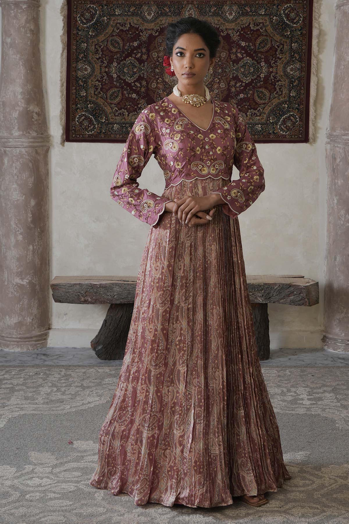 Salmon Pink Paisley Maxi with Embroidered Bodice