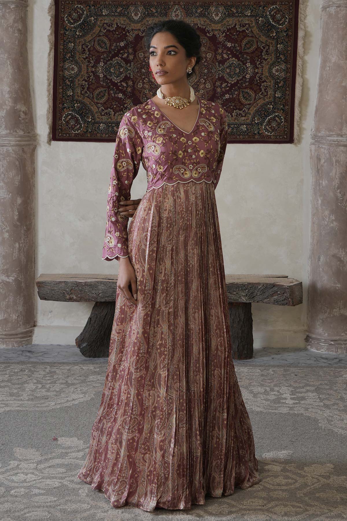 Salmon Pink Paisley Maxi with Embroidered Bodice