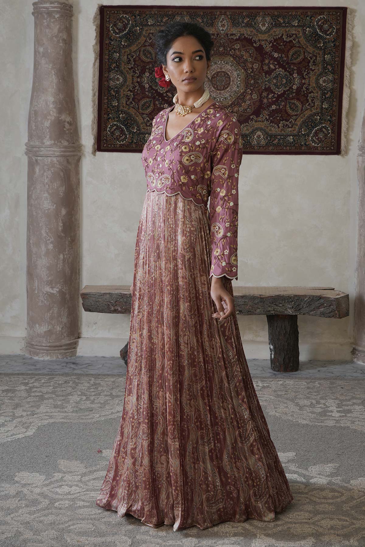 Salmon Pink Paisley Maxi with Embroidered Bodice