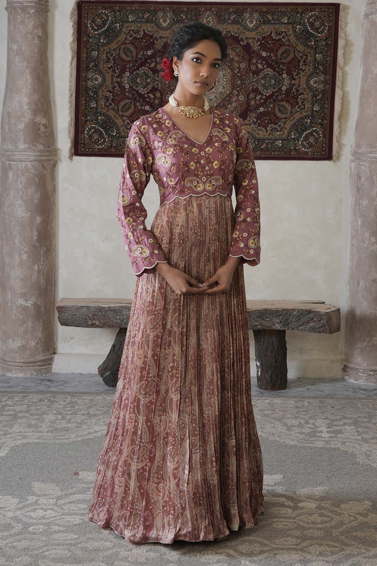 Salmon Pink Paisley Maxi with Embroidered Bodice