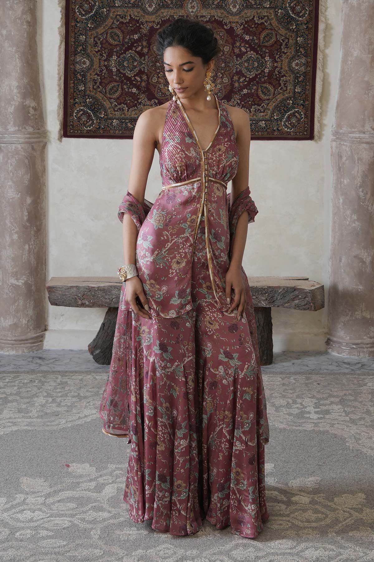 Pink Paisley Halter Kurta with Sharara & Printed Dupatta