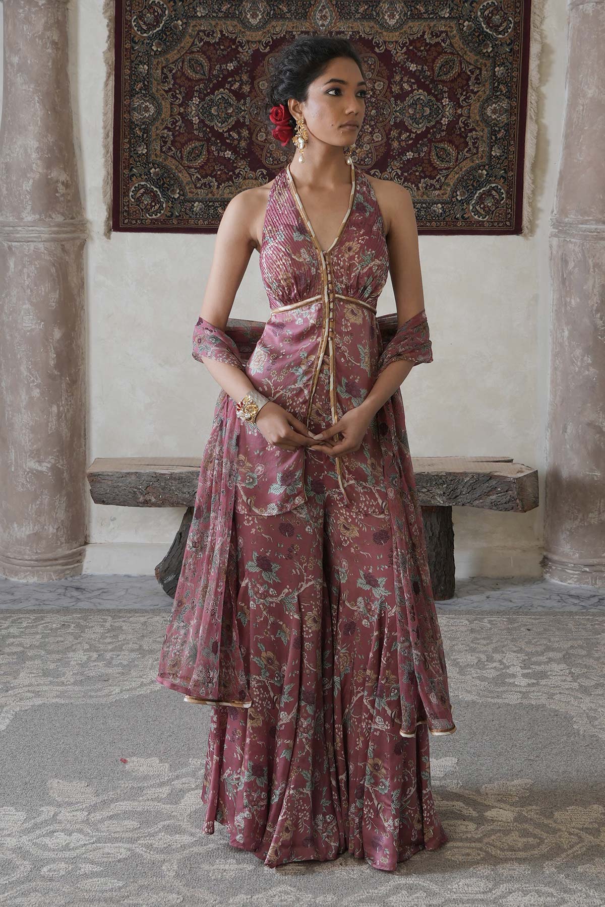 Pink Paisley Halter Kurta with Sharara & Printed Dupatta