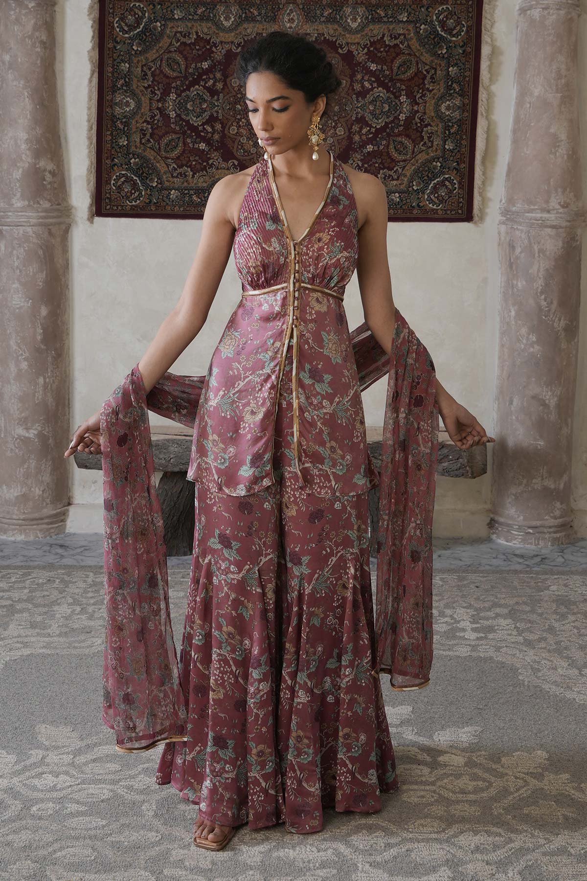 Pink Paisley Halter Kurta with Sharara & Printed Dupatta