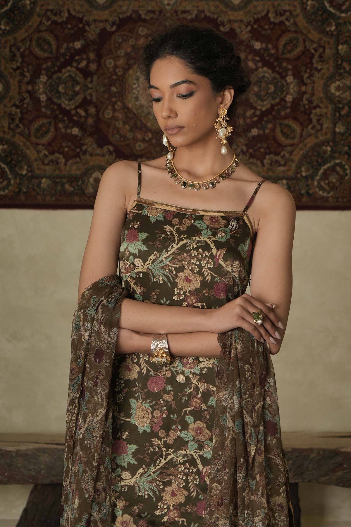 Olive Green Chintz Satin Kurta with Tiered Sharara & Chiffon Dupatta