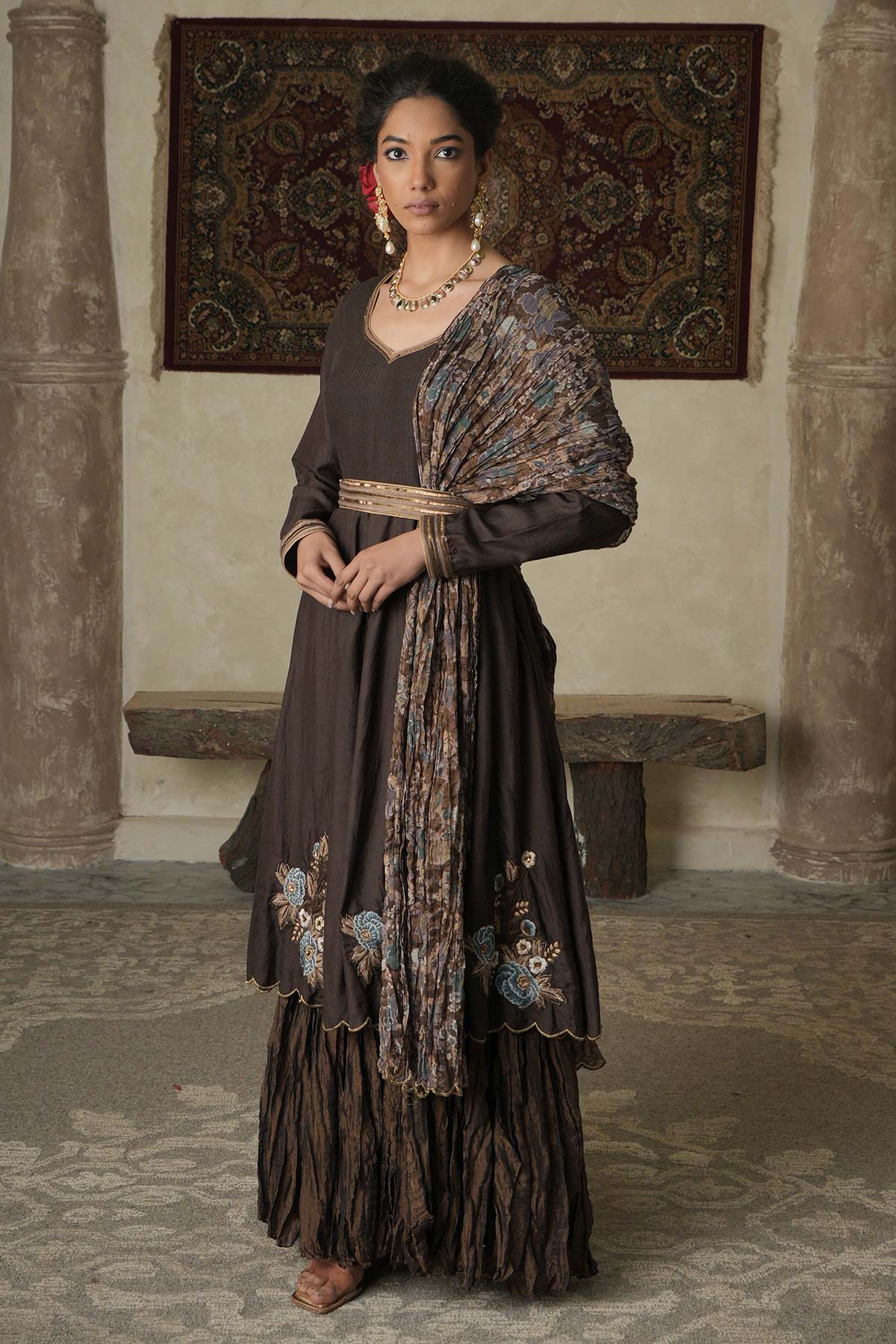 Brown silk/maheshwari embroidered anarkali with chintz printed maheshwari dupatta