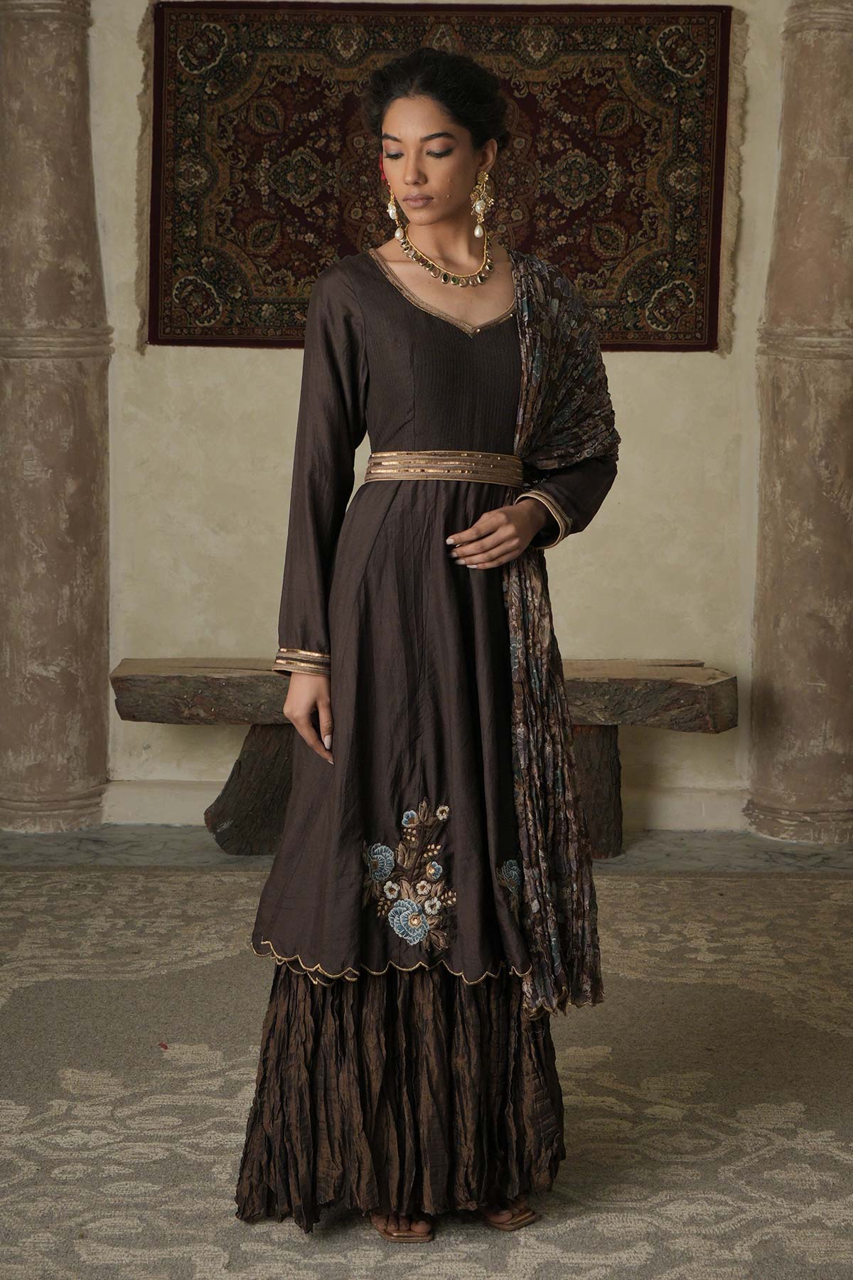 Brown silk/maheshwari embroidered anarkali with chintz printed maheshwari dupatta