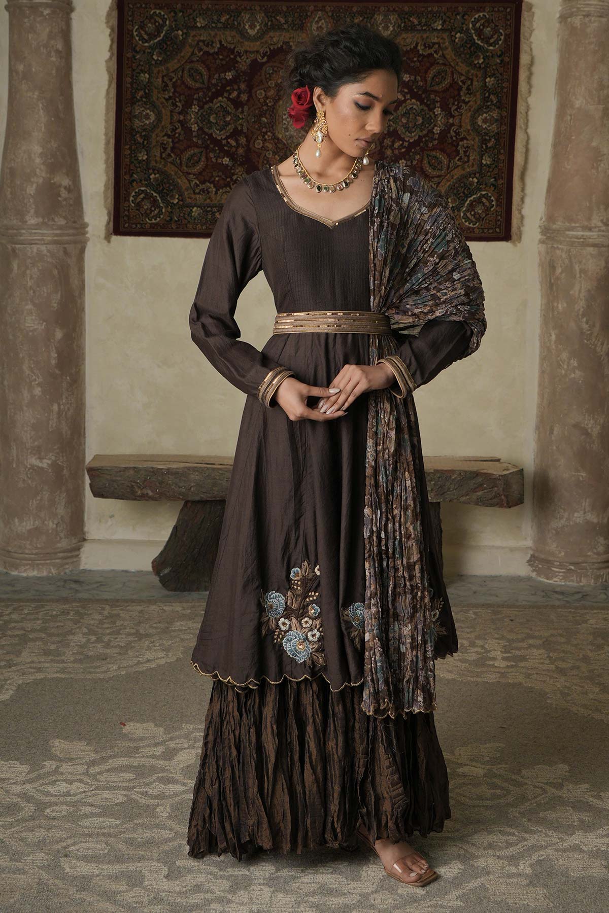 Brown silk/maheshwari embroidered anarkali with chintz printed maheshwari dupatta