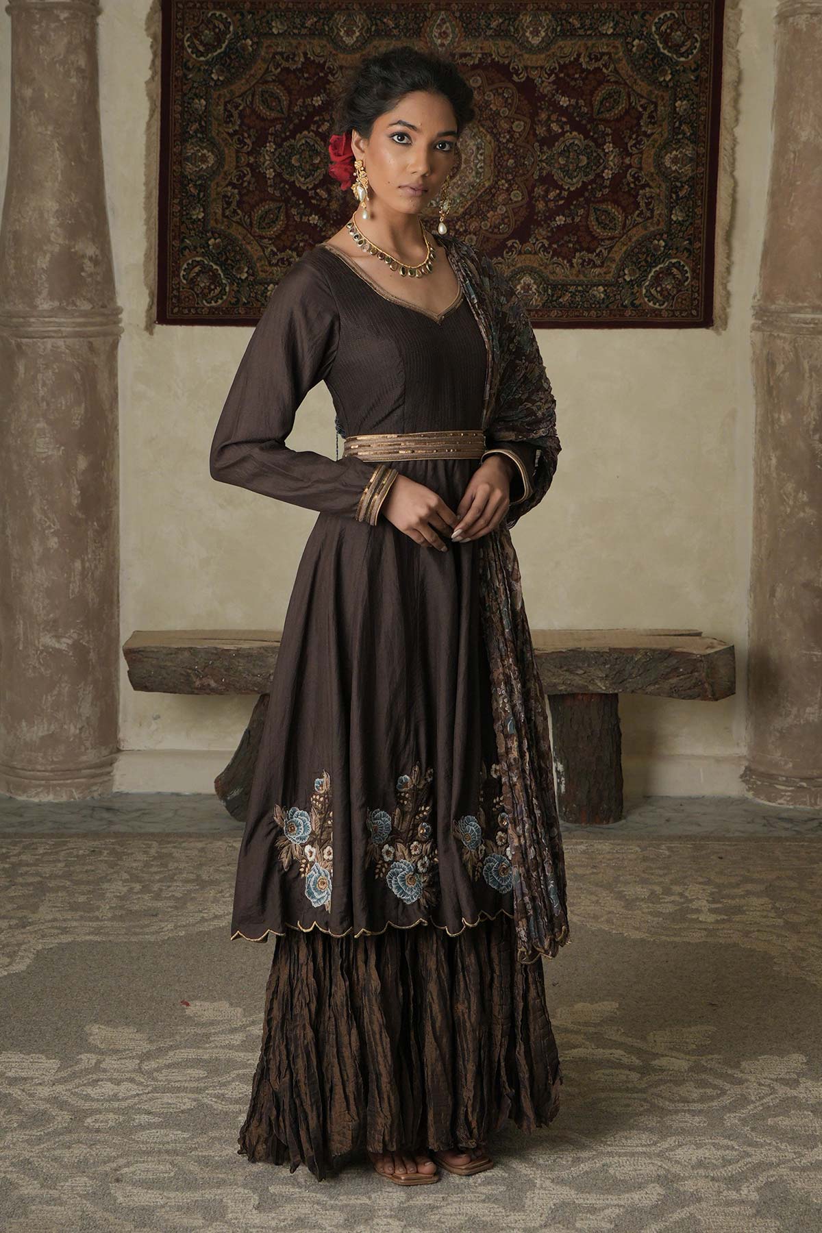 Brown silk/maheshwari embroidered anarkali with chintz printed maheshwari dupatta