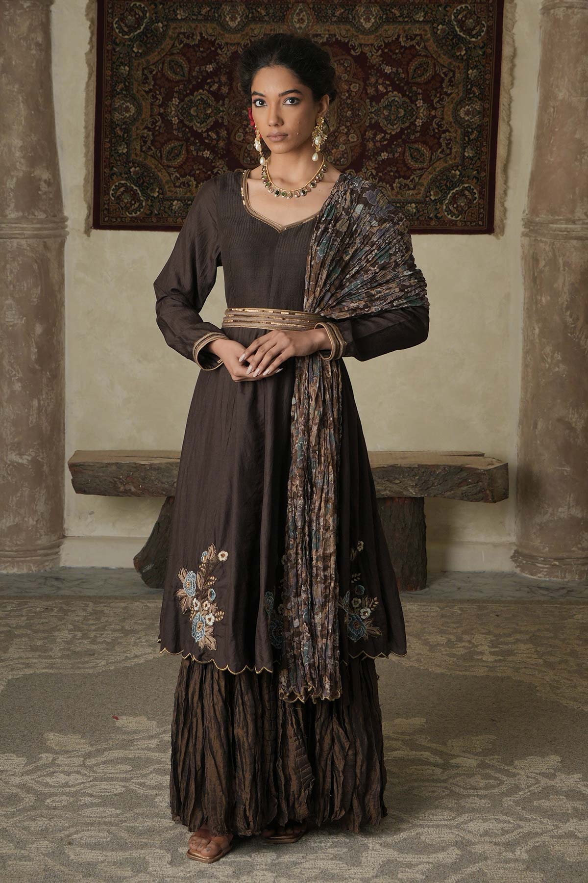 Brown silk/maheshwari embroidered anarkali with chintz printed maheshwari dupatta