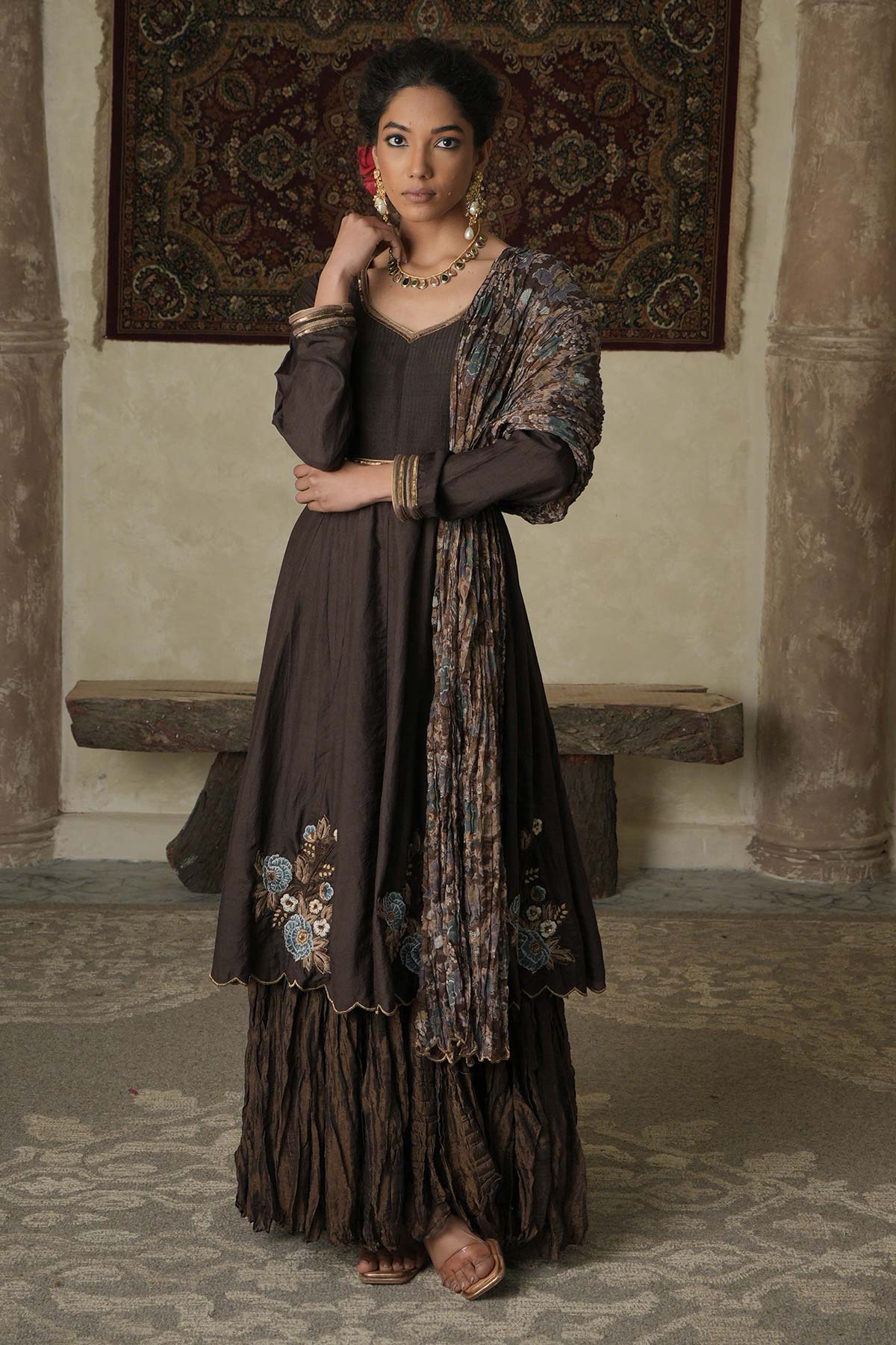 Brown silk/maheshwari embroidered anarkali with chintz printed maheshwari dupatta