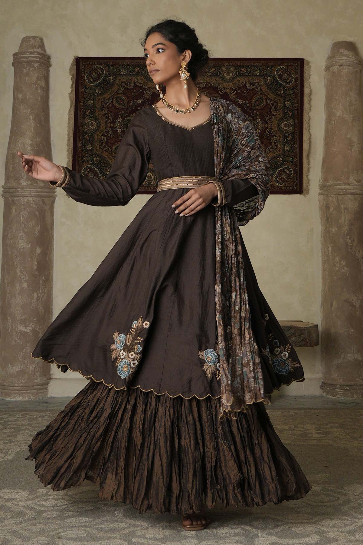 Brown silk/maheshwari embroidered anarkali with chintz printed maheshwari dupatta