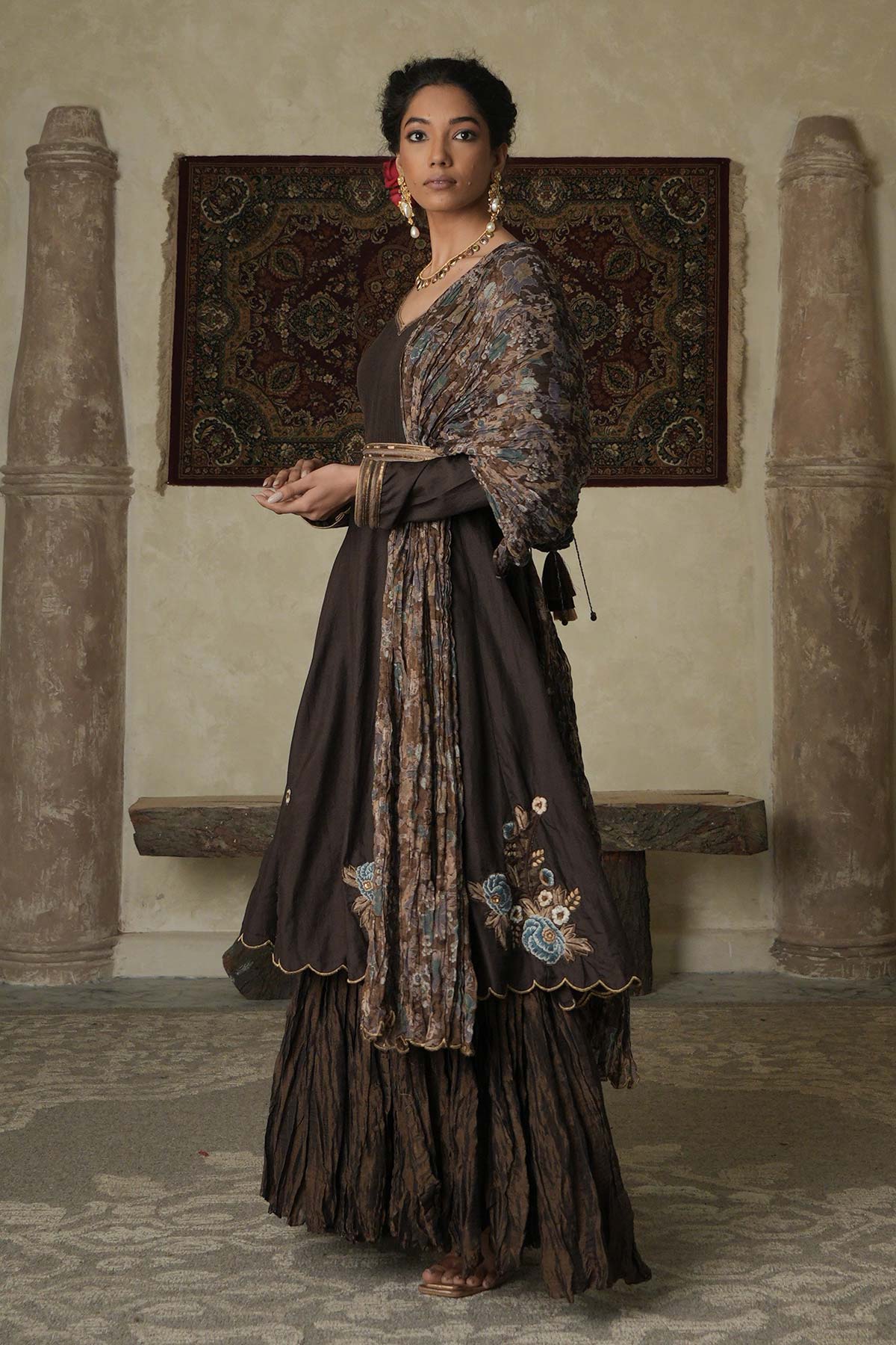 Brown silk/maheshwari embroidered anarkali with chintz printed maheshwari dupatta