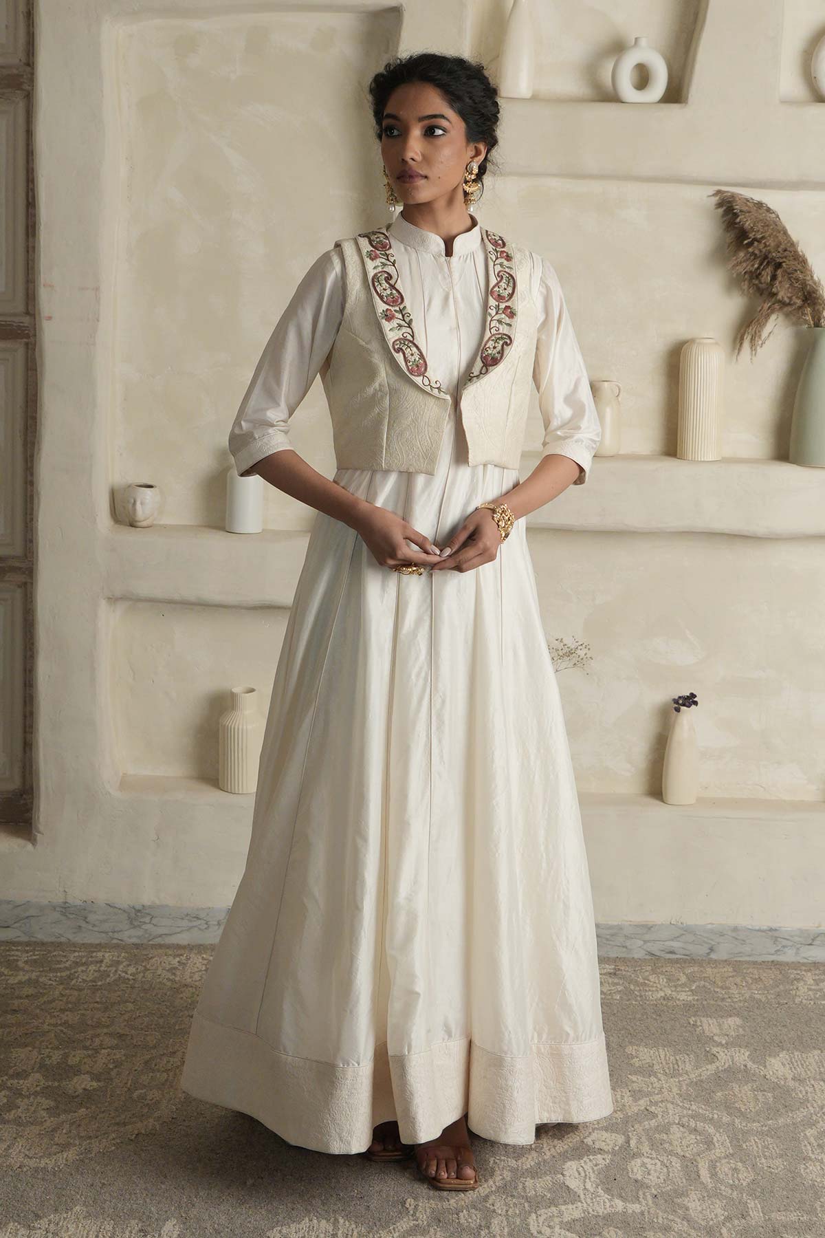 Off-White Silk Anarkali with Embroidered Jacket