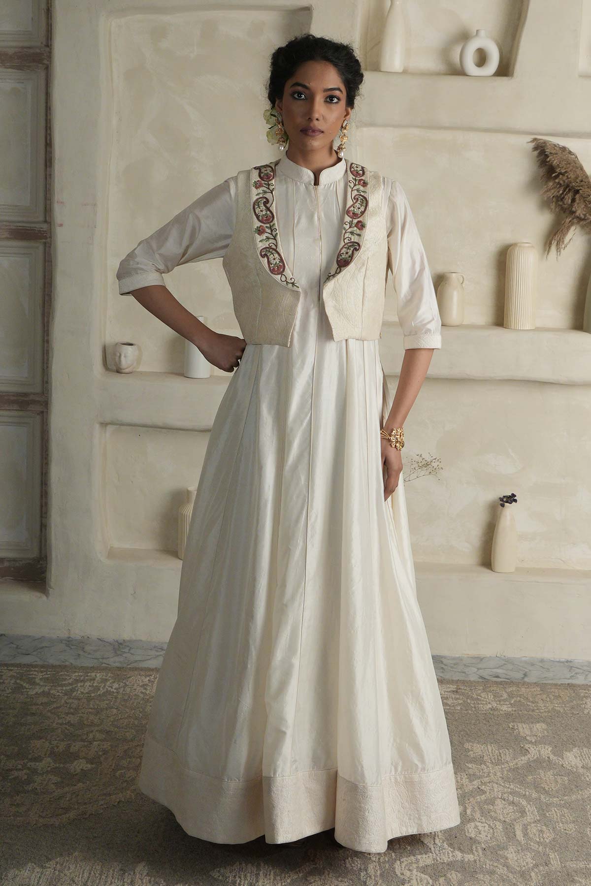 Off-White Silk Anarkali with Embroidered Jacket