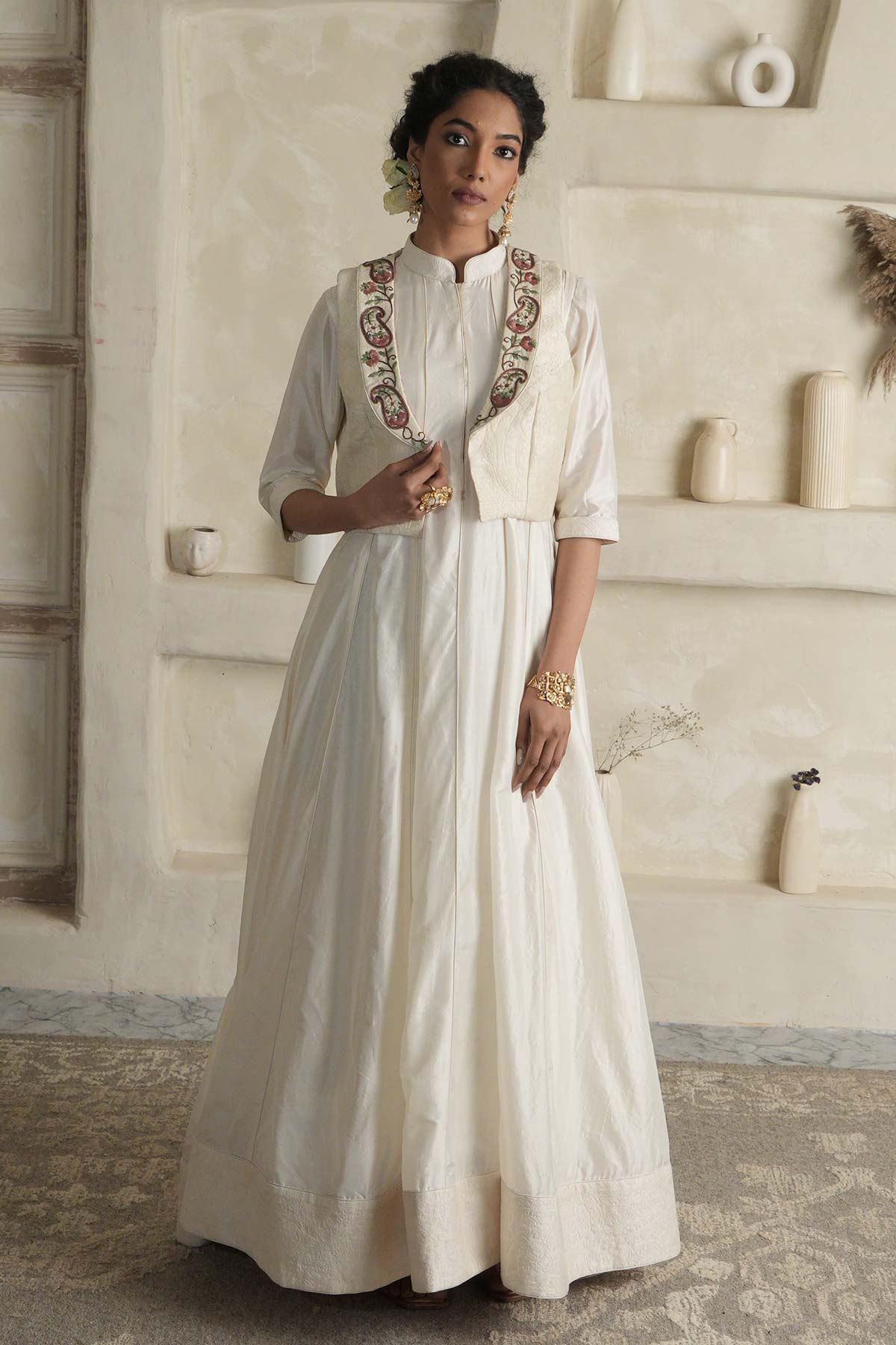 Off-White Silk Anarkali with Embroidered Jacket