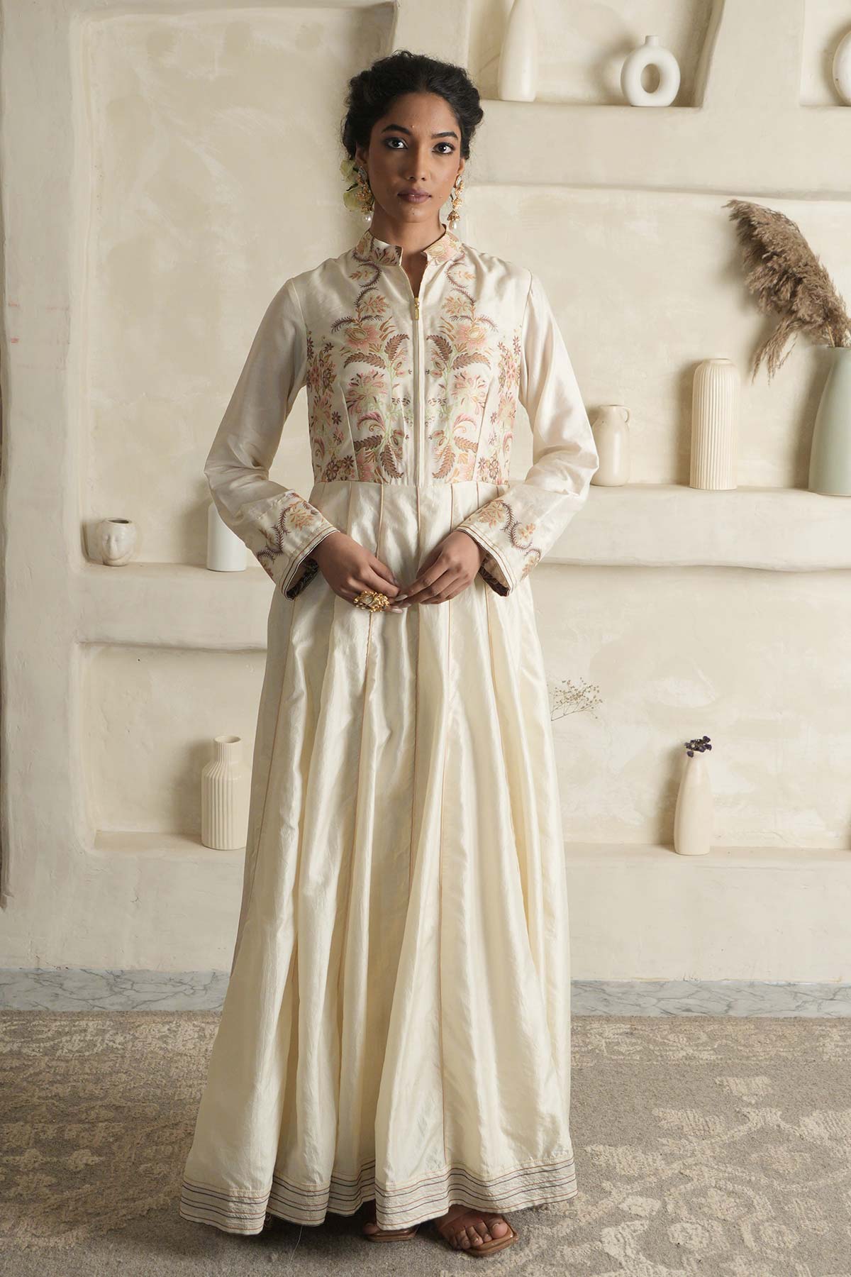 Off-White Moonga Silk Anarkali with Ombre Maheshwari Dupatta