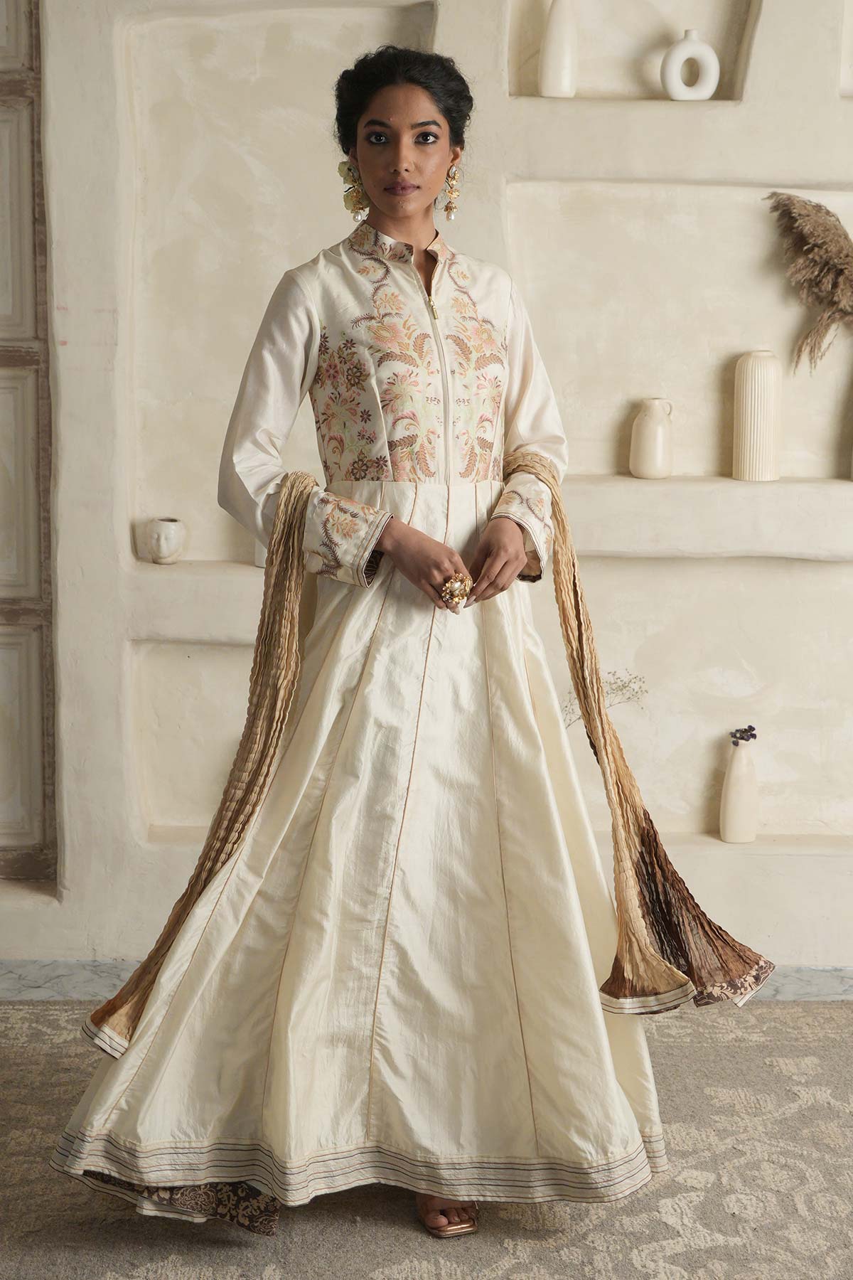 Off-White Moonga Silk Anarkali with Ombre Maheshwari Dupatta