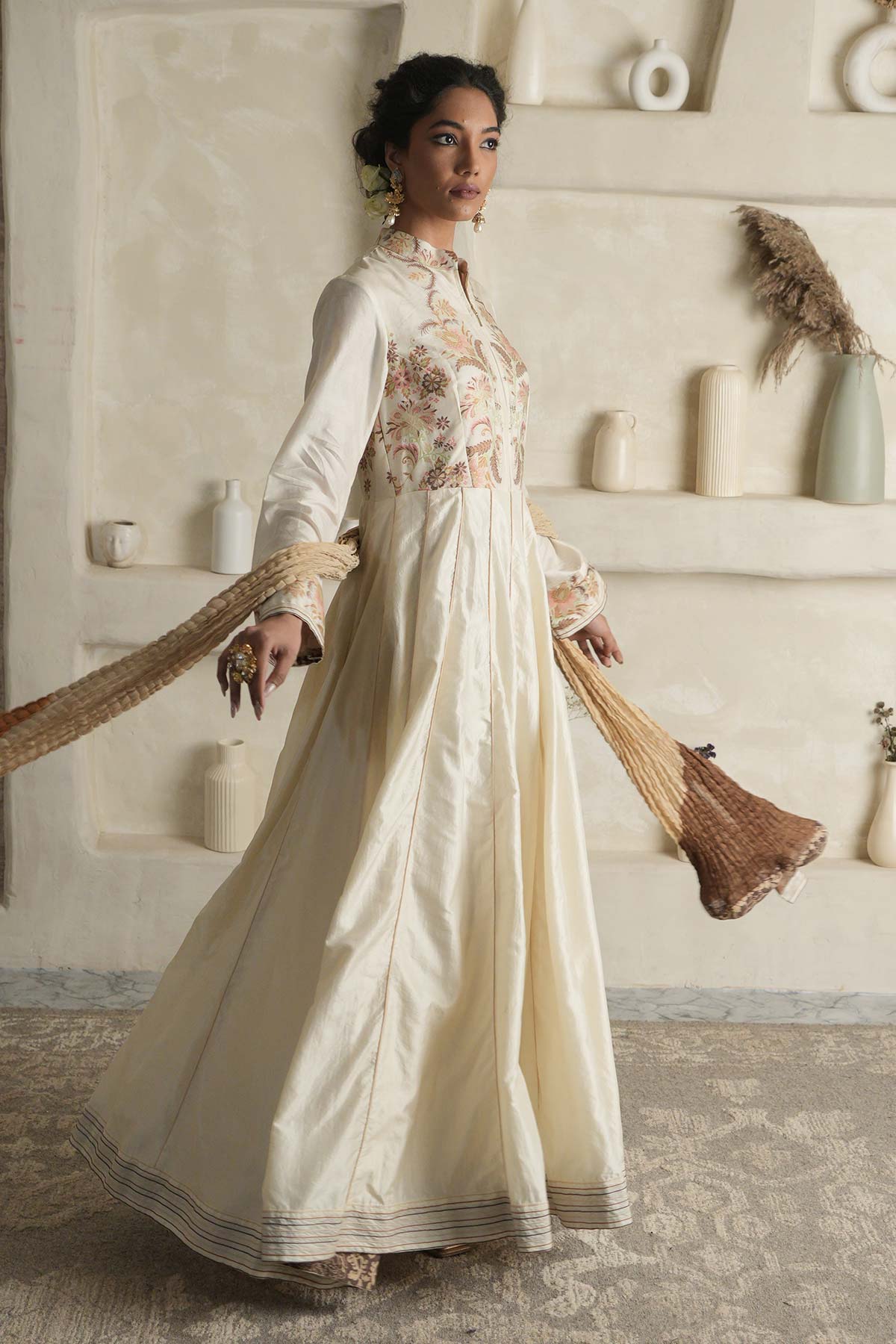 Off-White Moonga Silk Anarkali with Ombre Maheshwari Dupatta