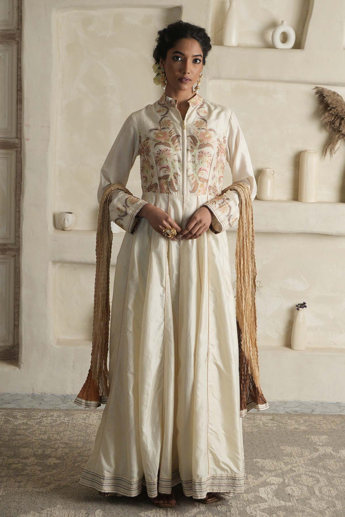 Off-White Moonga Silk Anarkali with Ombre Maheshwari Dupatta