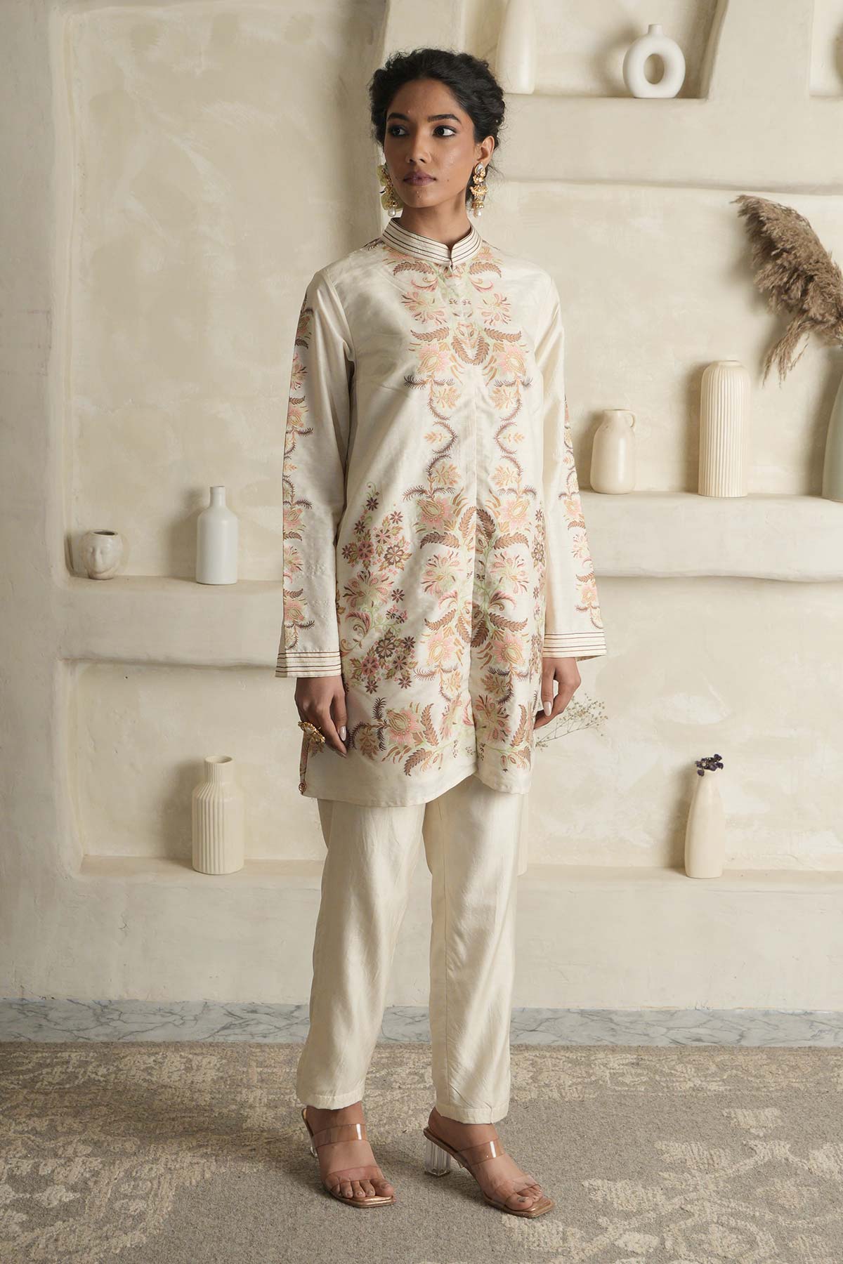 Off-White Mooga Silk Kurta with Chintz Jamewar and Silk Pants