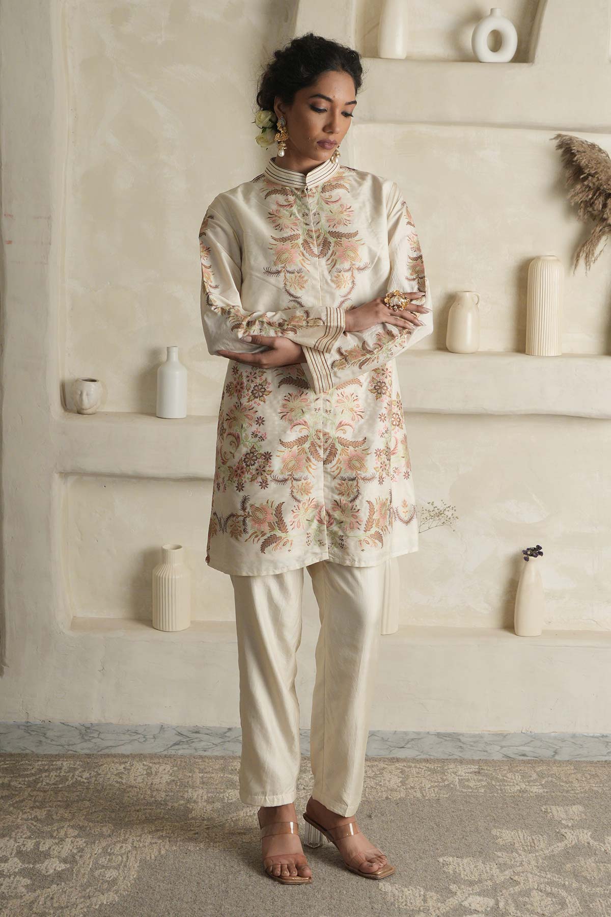 Off-White Mooga Silk Kurta with Chintz Jamewar and Silk Pants